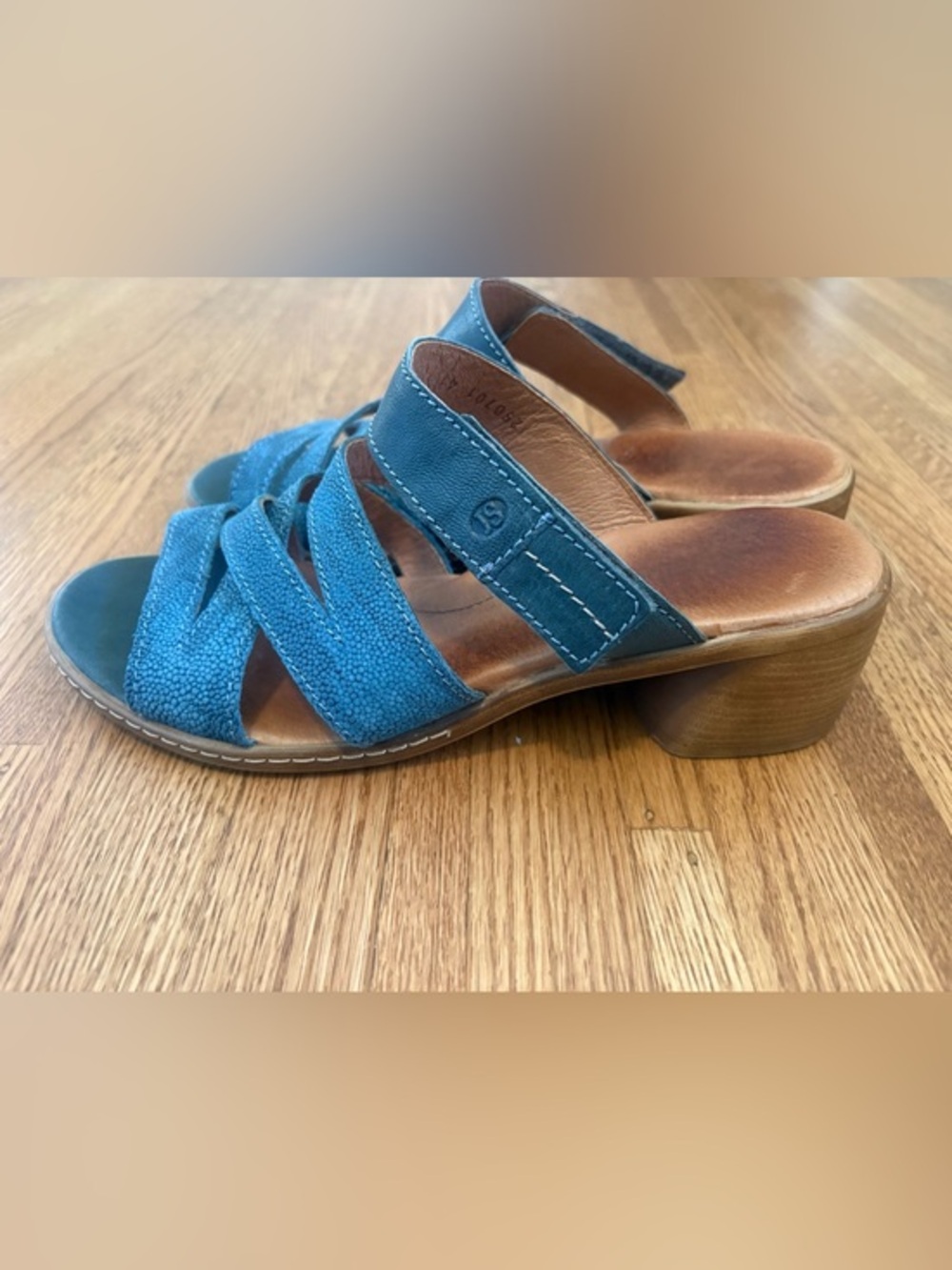 Josef Seibel Blue Strappy Leather Sandals • Block Heel • Size 41 US 10-10.5